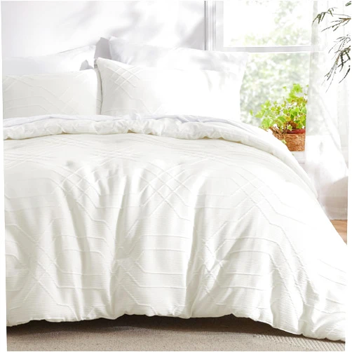 Bedsure White Queen Comforter Set - 7 Pieces Bed in a Bag, Interwoven Gauze Jacquard Bedding Set with Comforter, Sheets, Pillowcases & Shams, All Season Comfortable