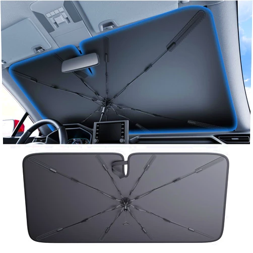 Wigoo Windshield Sun Shade Umbrella, 100% Sun Block, 5th-Gen Ice-Shield Cooling Tech, Reflective Heat Insulation, Portable & Foldable Front Window Sunshade Universal Fit Sedans/SUVs - L: 57