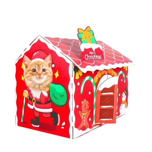 Whaline Cat Scratcher with House Christmas Cat House Scratcher Playground for Indoor Cats Classic Reversible Scratching Board Interactive Busy Box Toy Scratcher Cat Bed for Sleeping Gifts for Cats