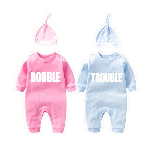 YSCULBUTOL Baby Twins Bodysuits Funny Double Trouble Cute Girl Romper Twin Jumpsuits Hat Set