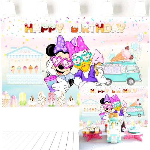 Ericbackdrop Minnie Ice Cream Birthday Backdrop Daisy Duck with Watercolor Van Background Summer Sweet Party Decorations Cake Table Banner 5x3 ft 439