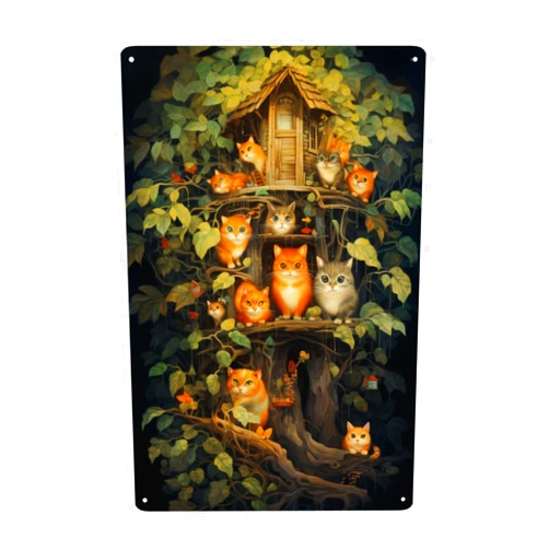 Vextrovia Whimsical Cat Treehouse Rustic Tin Sign Wall Art,Vintage-Style Home Decor Plaque,Charming Poster Forunique Tinplate Indooroutdoor, Gift For Cat Lovers,Ideal For Children'S Room Garden Decor 12x16inch