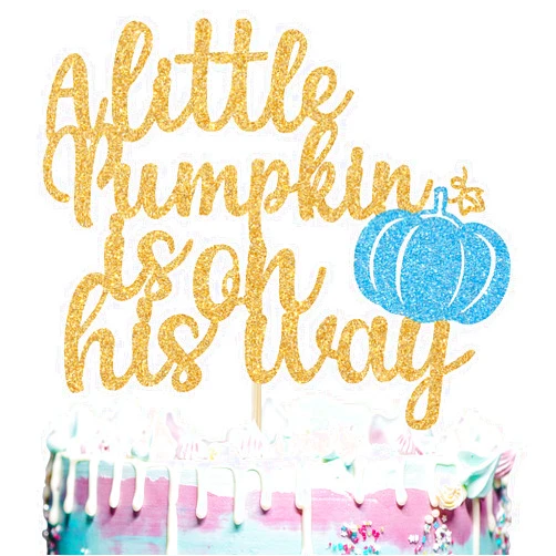 Nanvin Glitter A Little Pumpkin is On his Way Cake Topper - Welcome Little Prince Cake Decoration - New Baby/Gender Reveal/Baby Shower Party Supplies(Gold and Blue)