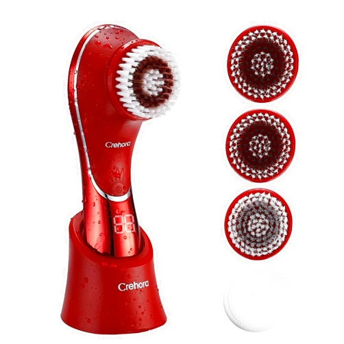 Crehora Facial Cleansing Brush, Electric Face Scrubber, Facial Cleansing Brush Rechargeable IPX-7 Waterproof Rotating Face Scrubber for Exfoliating, Massaging and Deep Cleansing with 4 Brush Heads