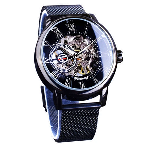FORSINING Men's Skeleton Watch Steampunk Watch Black Mechanical Watch for Men Minimalist Retro Design Mechanical Skeleton Wrist Watch Transparent