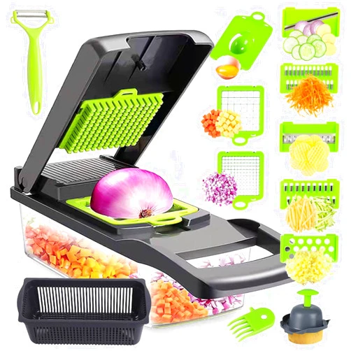 BASESILK Vegetable Chopper, Pro Onion Choppers, Multifunctional 16 in 1 Food Slicing with 9 Blades, Kitchen Shre Dicer Cutter, Spiralizer, Lemon Squeezer, Egg Slicer & Seperator With Container