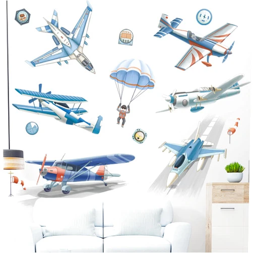 BWCXXZH Watercolor Airplane Wall Stickers Airplanes Parachute Astronaut Wall Decals, Planes Wall Art Wallpaper Baby Nursery Kids Bedroom Wall Decor