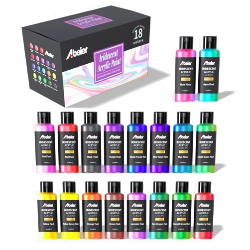 ABEIER Iridescent Acrylic Paint, Set of 18 Chameleon Colors, 2 oz/60ml Bottles, Color-shifting, Non-Toxic, High Viscosity, Blendable, Paints on Rocks Crafts Canvas Wood, Fabric, Ceramic & Stone