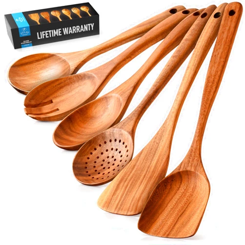 Zulay Kitchen 6-Piece Wooden Spoons for Cooking - Smooth Finish Teak Wooden Utensils for Cooking - Soft Comfort-Grip Wood Spoons for Cooking - Non-Stick Wooden Cooking Utensils - Wooden Spoon Sets