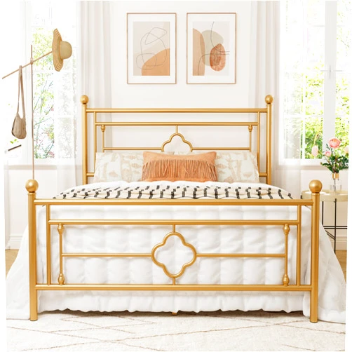 Allewie Full Size Metal Platform Bed Frame with Victorian Vintage Headboard and Footboard/Mattress Foundation/Under Bed Storage/No Box Spring Needed/Noise-Free/Easy Assembly, Gold