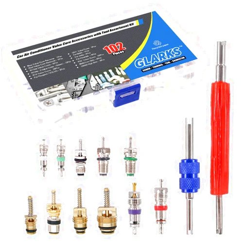 GLARKS 102Pcs Car Air Conditioner Valve Core Schrader Valve Cores Accessories A/C R12 R134a Refrigeration Tire Valve Stem with Double Head Dual Dismantling Remover Installer Tool Assortment Kit