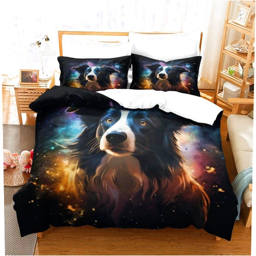 BUKISA 3D Dog Print Duvet Cover Set Breathable Border Collie Bedding Sets King Gray Quilt Cover Set Kids Bedroom Decoration Kids Comforter Cover Twin（173x218cm）