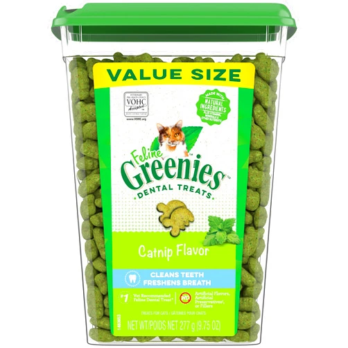 Greenies Feline Adult Natural Dental Care Cat Treats, Catnip Flavor, 9.75 oz. Tub