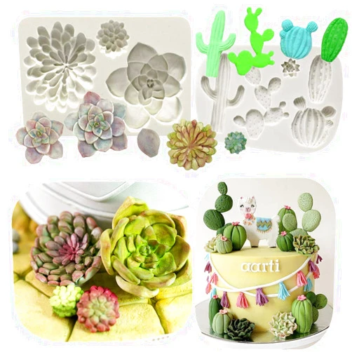 LaVenty 2 PCS Cactus Silicone Mold Cacti Fondant Mold Succulent Leaves Candy Molds Cactus Gumpaste Mold For Cupcake Cake Polymer Resin
