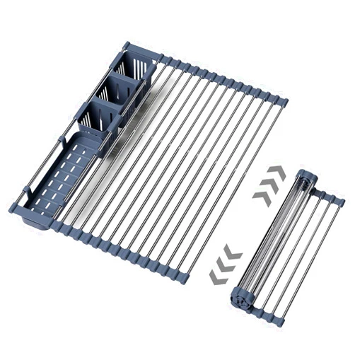 TOOCA BEAR Expandable Over Sink Dish Drying Rack, Large Roll Up Sink Dish Drying Rack with 2 Storage Baskets, Rolling Drain Mats for Kitchen Sink Counter, BPA-Free(12-22 * 15.3'', Blue)