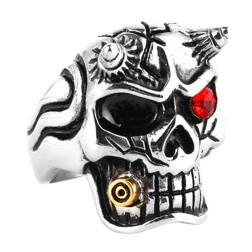HZMAN Men's Red Cz Iced Gothic Skull Stainless Steel Ring Biker Band