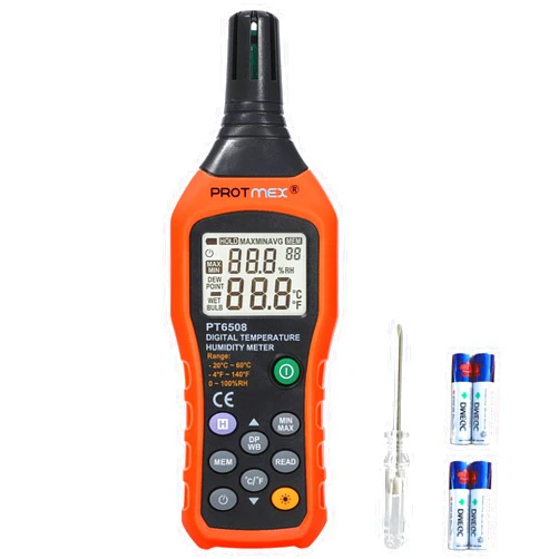 Protmex Digital Temperature Humidity Meter, Thermometer Hygrometer with Ambient Dew Point and Wet Bulb Temperature Indoor and Outdoor, Data Logger with Min/Max Hold, LCD Backlight, PT6508