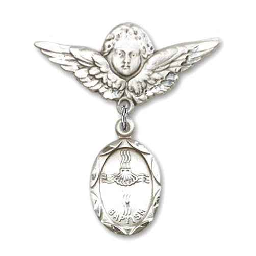 The Baby Badge Collection by Bliss Sterling Silver Baby Badge Guardian Angel Pin with Charm, 1 1/4 Inch