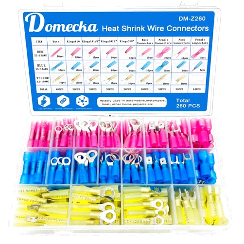 Domecka 260PCS Heat Shrink Ring Connectors Kit Automotive Marine Electrical Terminals Kit, Crimp Connector Assortment, Spade Fork Ring Butt Splices
