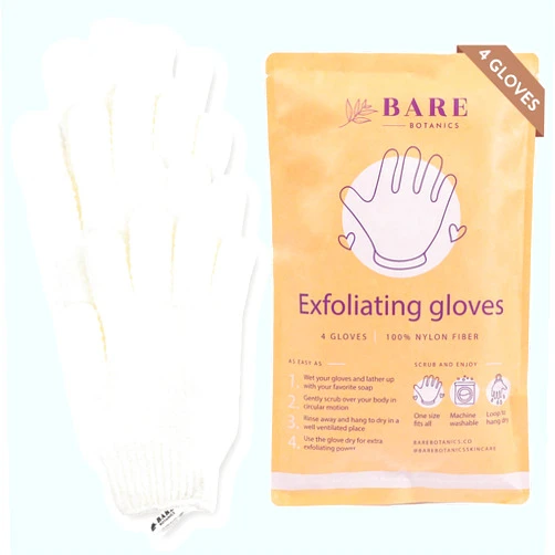 Bare Botanics 4 Pack Exfoliating Gloves for Shower (White) - 100% Nylon Fibers - Exfoliating Bath Gloves - Shower Scrubber & Dead Skin Remover - Perfect for Wet & Dry Exfoliation