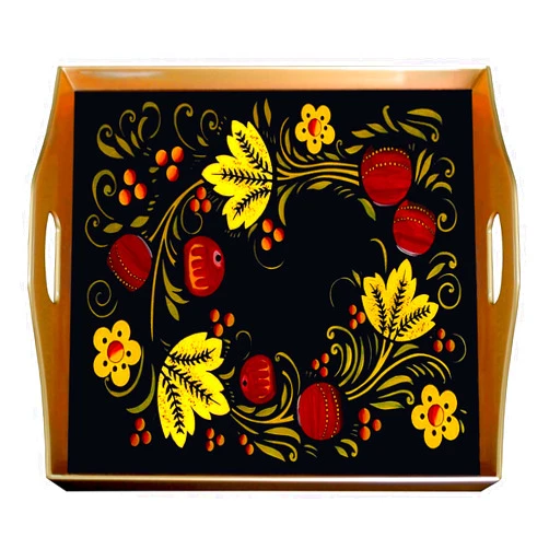 Ducoteduparc Vintage decor - Traditional Russian Design with Gold Leaves - Square Hand Painted Glass Tray with Gold Aluminium Frame
