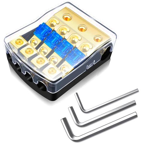 BULVACK 4 Way Mini ANL Fuse Holder, Copper 0/2/4 Gauge to 4/6/8 Gauge 60 Amp Fuse Distribution Block for Car Truck Boat Audio Stereo Amplifier
