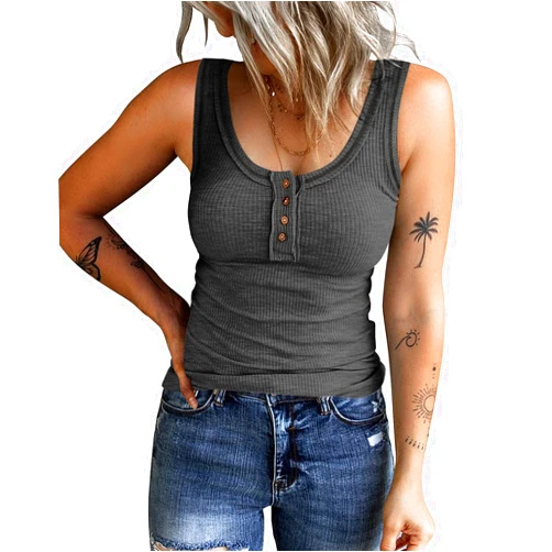 KINLONSAIR Women's Sleeveless Henley Tank Tops Ribbed V Neck Button Down T Shirts Summer Slim Fit Tee Tops