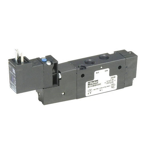 Parker Hannifin B713BB549A B7 Series Single Solenoid 4 Way Air Control Valve, 2 Position Air Return, Int. Port #1/Vented, Non-Locking Flush, 15mm 3 Pin DIN 43650C, 24 VDC, 1/2