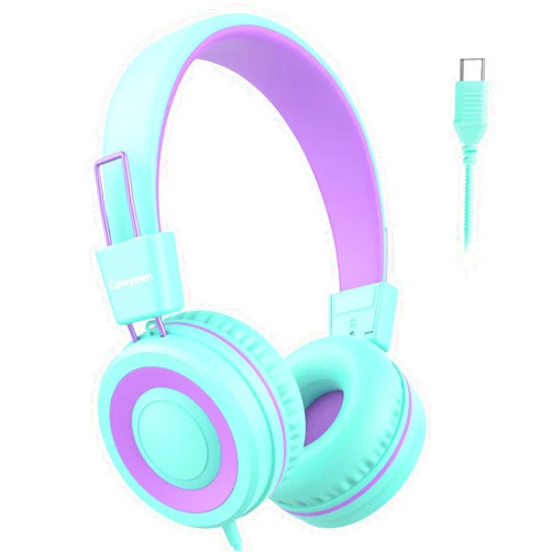 Cowyawn USB Type C Kids Headphones for School, Wired Toddler Headphones, 94dB Volume Limited, HD Stereo Sound, Foldable Lightweight On-Ear Wired Headphones for Kids/Children/Teens/Boys (Purple Green)