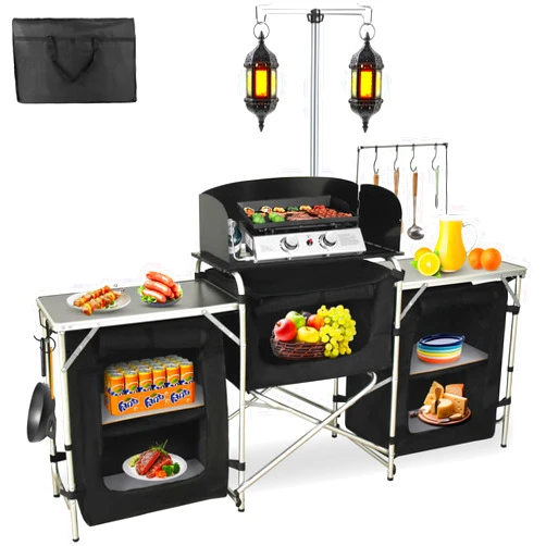 Seeutek Camping Kitchen Table, Portable Outdoor Cooking Table, Aluminum Foldable Camp Table with Hooks, Windscreen, Lantern Hanger & 3 Storage Organizer Quick Set-up Cook Table for BBQ, Picnic