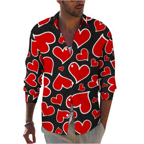 JOJOART Men's Valentine’s Monkey Heart Pink Casual Button Down Shirts Lapel Pocket Long Sleeve Shirt Regular Fit