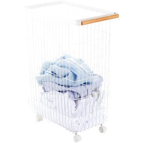 Yamazaki Home Wire Slim Saving Rolling Wheeled Clothing Hamper | Steel + Wood | Laundry Basket, One Size, White