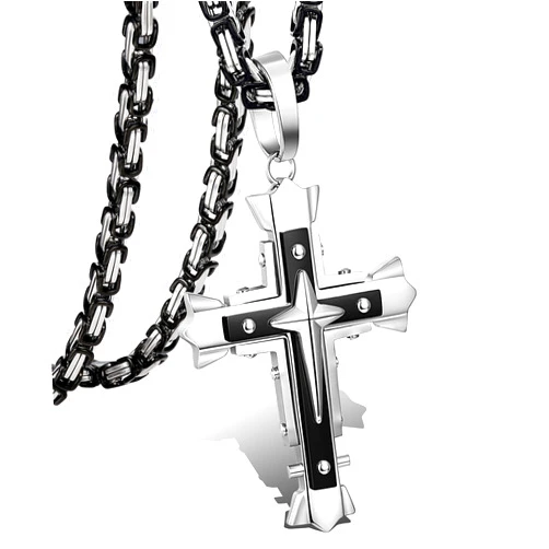 LOLIAS 5MM Stainless Steel Cross Pendant Necklace Men Byzantine Chain Necklace 22-30 Inches