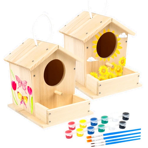 LotFancy Bird House Kit, 2 Pack, DIY Wooden Birdhouse Kits, Bulk Arts and Crafts Painting Woodworking Set for Kids and Adults to Build and Paint, Including Paints & Brushes