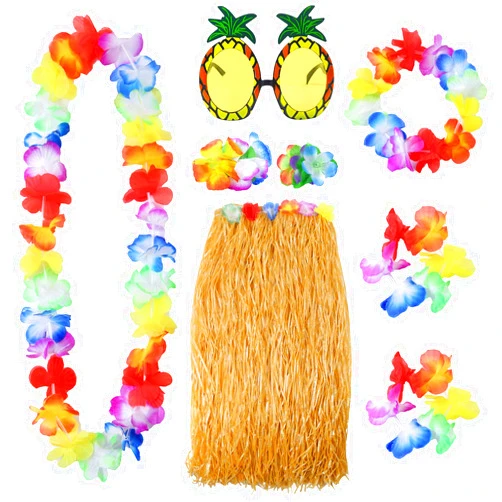 Elcoho 8 Pieces Grass Skirt Sunglasses Leis Necklace Bracelet Set Luau Decorations for Kids and Adults