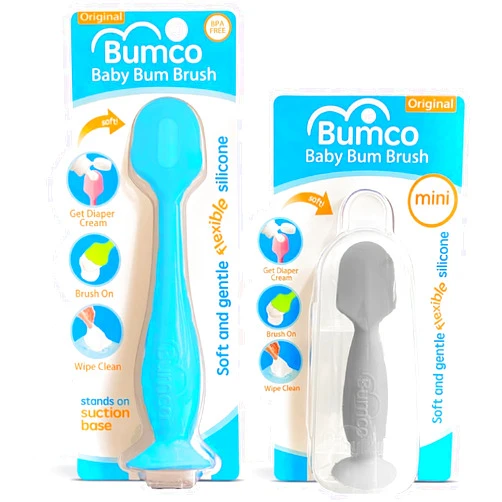 Baby Bum Brush Bumco Baby Bum Brush + Mini Baby Diaper Cream Spatula with Case - BPA-Free Silicone Diaper Spatula with Suction Cup, Wipe-Clean, Mom-Invented Butt Paste Applicator (Blue & Gray)