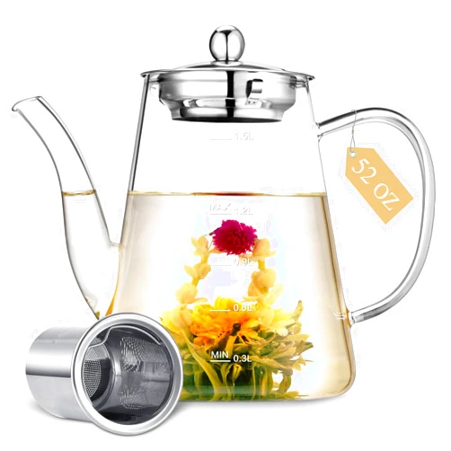 Zpose 1500ml Glass Teapot, Large Tea Pot with Infuser for Loose Tea and Blooming Tea, Stovetop Safe Tea Kettle, Hand Crafted Borosilicate Glass Tea Maker with Scale Line, Tea Gift Set for Tea Lovers