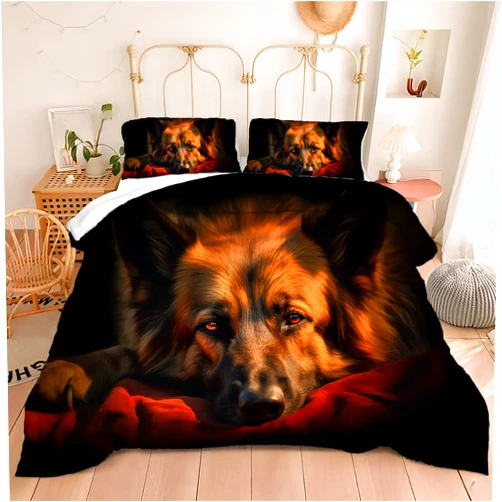 Albideyaa German Shepherd with Sleepy Eyes Pattern Comforter Set Soft Queen Size Boys Girls Teens Bedroom Quilted Bedding Set Animal Dog Print Kids Adult Duvet Set with 2Pillowcases