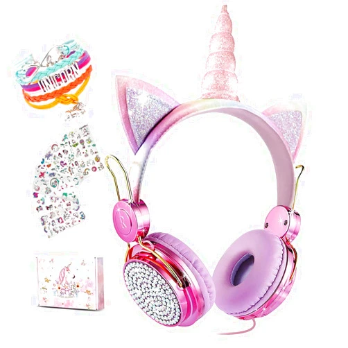 SVYHUOK Kids Headphones for Girls Children Teens,Cute Cat Ear Wired Headphones Microphone 3.5mm Jack, Over On Ear Headset for School Birthday Xmas Gift (Princess Rose)