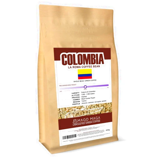 Mago Maga Unroasted Raw Green Coffee Beans - Colombia La Roma, Recommended & Supplied by U.S. Coffee Champion, Perfect for Home Roasting with Roma Pro, Whole Bean, Medium Roast, 434g