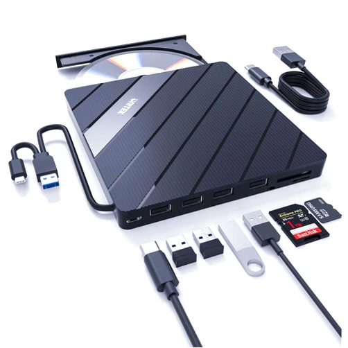 Unitek External DVD Driver USB C Portable CD/DVD +/-RW Drive/DVD Player with SD Card Reader USB 3.0 Hub USB C Power Port CD ROM Burner Compatible with Laptop Desktop PC Windows Linux OS Apple Mac