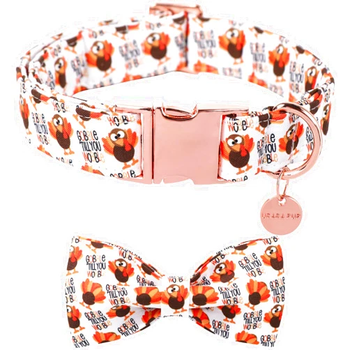 UP URARA PUP Thanksgiving Dog Collar with Bow Tie, Turkey Cotton Bowtie Collar for Puppy Girl Dog or Cat, Autumn Bow Tie Collar with Durable Metal Buckle, Turkeys Pet Collar, XL, Neck 16-26in