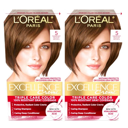 L'Oreal Paris Excellence Crème Permanent Hair Dye, Triple Care Hair Color with Hyaluronic Acid for 100% Gray Coverage, 5 Medium Brown, 1 Kit (Pack of 2) (Packaging May Vary)