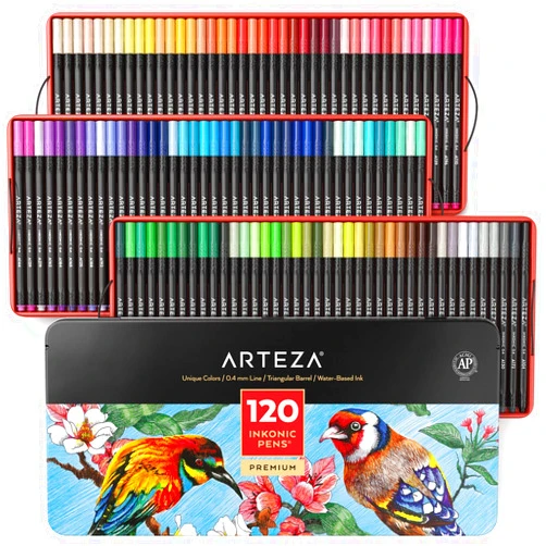 ARTEZA Inkonic Fineliners Pens, Set of 120, 0.4 mm Fine Tip Markers, Water-Based Art Pens for Drawing, Sketching, Journaling, Calligraphy