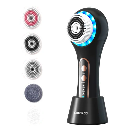 Umickoo Face Scrubber Exfoliator,Facial Cleansing Brush Rechargeable IPX7 Waterproof with 5 Brush Heads,Electric Face Spin Brush for Exfoliating, Massaging and Deep Cleansing (Black+Gold)