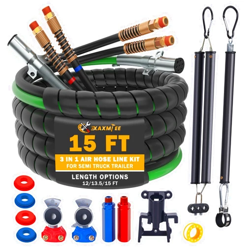 XaXmTee 15 FT Semi Truck Air Lines Kit with 2 Pcs Tender Spring Kit and Glad Hands with Gladhand Holder & Handles 3IN1 Trailer Cord and Air Hoses Kit for Truck Trailer Tractor