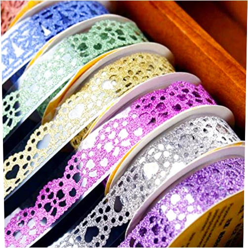 SallyFashion Lace Washi Tape, 6 Roll Lace Pattern Glitter Bling Self-Adhesive Tape Diamond Washi Tape Masking DIY Scrapbooking Lace Tape Sticker Color Random