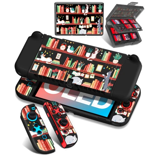Gurgitat 4in1 Protective Case for Nintendo Switch OLED - Cute Cats Funny Switch Skin Protector+TPU Grip Cover+24 Game Card Cartridge Storage Holder for Switch Oled Case for Boys Men Girly