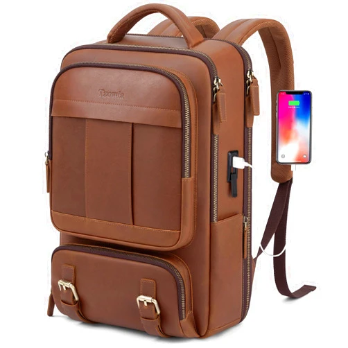 Tzowla Leather Laptop Backpack, Bag for Men and Women,Business Travel Work Rucksack Fits 15.6 Inch Laptop, Bookbag with USB and Type-C Charging Port-Brown
