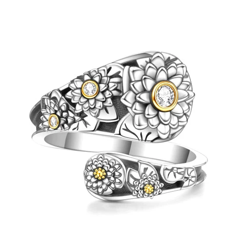 JLYY Silver Birth Flower Spoon Ring Adjustable S925 Sterling Boho Thumb Ring Jewelry Gift for Women Birthday